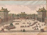 an old drawing of a courtyard with a lot of people in it
