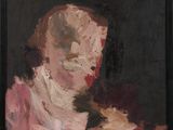 une peinture à l'huile représentant une femme vêtue d'une robe rose et d'un chapeau noir