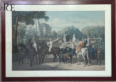tableau représentant un groupe de personnes à cheval devant un bâtiment