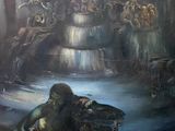 un tableau représentant un homme et une femme assis dans une fontaine