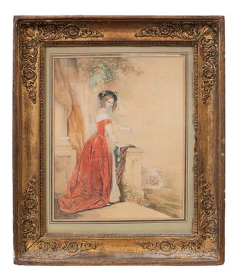 un tableau représentant une femme en robe rouge debout sur un balcon