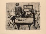 a drawing of a pool table with people playing it