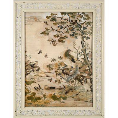 a painting of a woman sitting on a bench with birds in the background