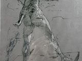 a drawing of a woman standing on a ledge