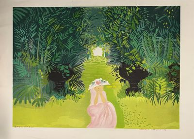 tableau représentant une femme vêtue d'une robe rose et d'un chapeau, marchant dans une forêt verdoyante