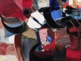 une peinture abstraite représentant un homme assis sur un banc, coiffé d'un chapeau