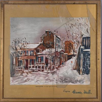 Carré de soie figurant Le Lapin Agile sous la neige à Montma…