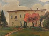 une peinture à l'huile représentant une maison avec un arbre rouge devant