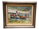 peinture représentant un bateau amarré à un quai par temps nuageux