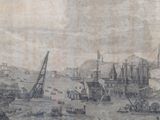 a drawing of a harbor scene with boats and ships