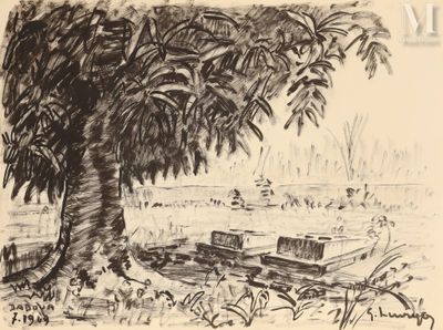 un dessin représentant un bateau dans l'eau, sous un arbre
