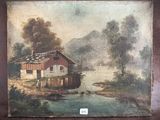 une vieille peinture représentant une maison au bord d'une rivière, avec une montagne en arrière-plan