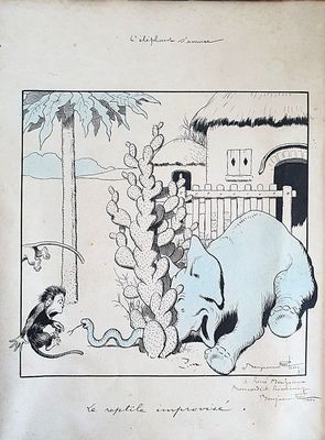 un dessin représentant un éléphant et un homme jouant avec un singe
