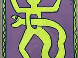 a painting of a man with a snake on a purple background