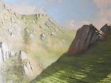 a picture of a painting of a mountain scene
