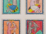 quatre dessins de couleurs différentes représentant un homme et une femme jouant avec un bébé