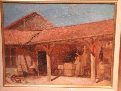 une photo d'un tableau représentant des personnes à l'extérieur d'un bâtiment