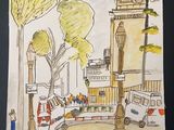 un dessin représentant une scène de rue avec des voitures et un bus