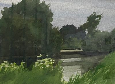a watercolor painting of a river and trees in the background
