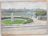 a painting of a park with a fountain in the middle of it