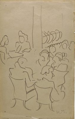 an old drawing of a group of people sitting around a table