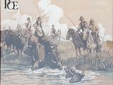 tableau représentant un groupe d'hommes traversant une rivière à dos d'éléphant