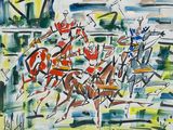 a painting of a group of people riding horses