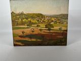 an old book with a painting of a farm scene on it