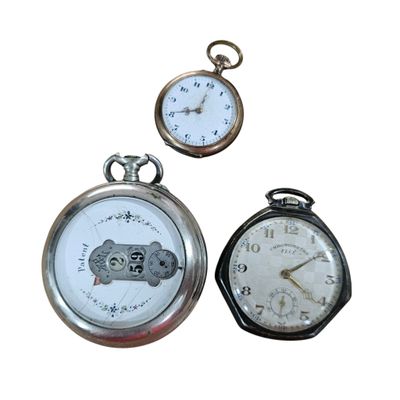 three different types of pocket watches displayed on a white background