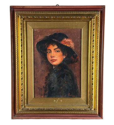 une peinture à l'huile représentant une femme portant un chapeau et une robe noire