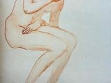 painting of a nude man sitting on a stool with his head in his hands