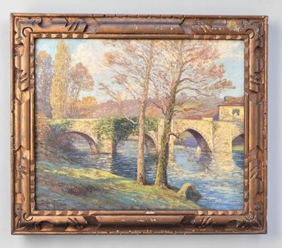 une peinture à l'huile représentant un pont au-dessus d'une rivière, à côté d'un arbre