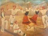 un tableau représentant un groupe de personnes jouant au baseball