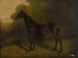 tableau représentant un cheval brun debout dans un champ, avec des arbres en arrière-plan