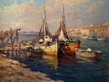 un tableau représentant des bateaux amarrés à un quai au bord de l'eau