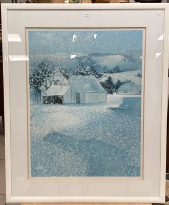 tableau représentant une ferme sous la neige, avec une grange en arrière-plan