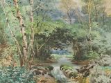 an image of a painting of a stream running through a forest