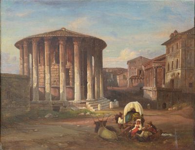 painting of a group of people sitting in front of a building