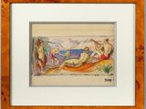 painting of a group of people on a beach in a wooden frame