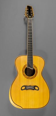 un gros plan d'une guitare acoustique sur fond gris