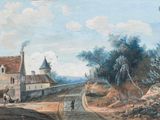 un tableau représentant un village situé sur une colline, avec une calèche tirée par un cheval