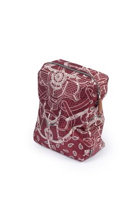 a red and white bag with a pattern on it