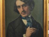 portrait d'un homme portant une cravate bleue, dans un cadre doré