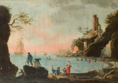 un tableau représentant un homme à cheval près d'un plan d'eau