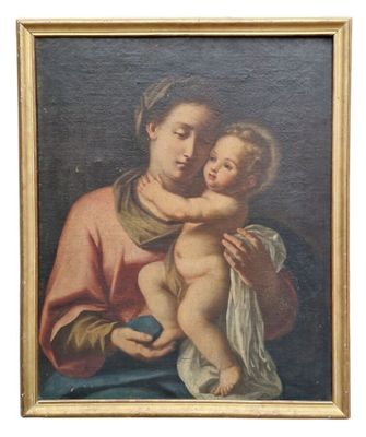 une peinture ancienne représentant une femme tenant un enfant dans ses bras