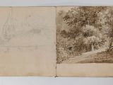 an old book with a drawing of a house and a tree