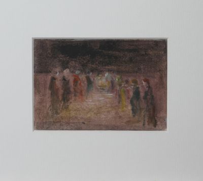 une peinture représentant un groupe de personnes marchant dans une rue