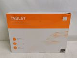 an orange and white box of a tablet on a white surface