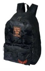 black backpack with red eagle patch on the front