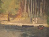 a painting of a group of people walking along a river